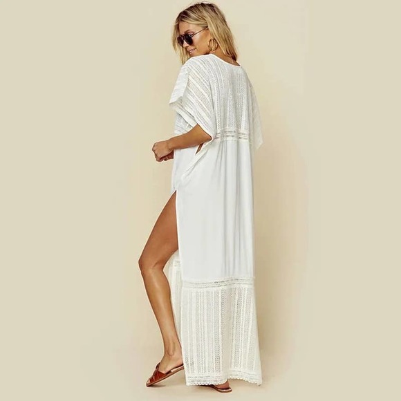 New Bohemian White Caftan Swimsuit Coverup Maxi Dress - Picture 4 of 6